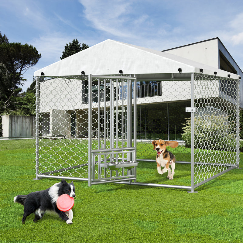 6.7' x 6.7' x 5' Outdoor Dog Kennel with Roof, Outside Dog Kennel with UV-Resistant & Waterproof Cover, Dog Kennel Outside with Rotating Feeding Bowls, Covered Outdoor Kennel for Dogs