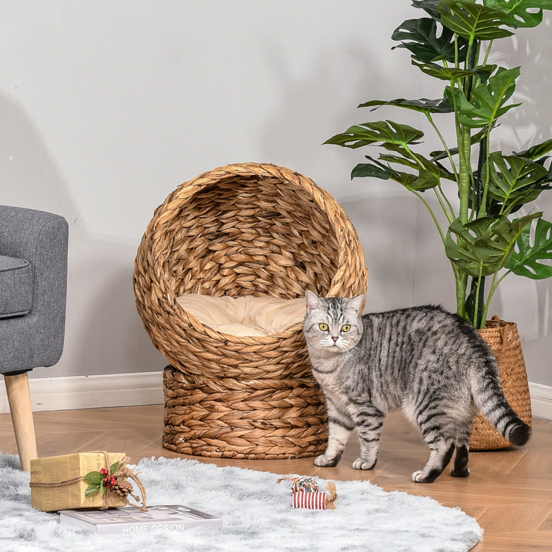 Handwoven Elevated Cat Bed with Soft Cushion & Cat Egg Chair Shape, Cat Basket Bed Kitty House with Stand, Raised Wicker Cat Bed for Indoor Cats, 23.5" H, Brown