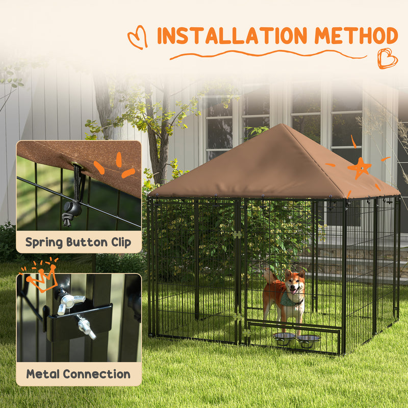 Outside Dog Kennel, 4.6' x 4.6' x 5' Puppy Play Pen with Canopy, Garden Playpen Fence Crate Enclosure Cage Rotating Bowl, Black