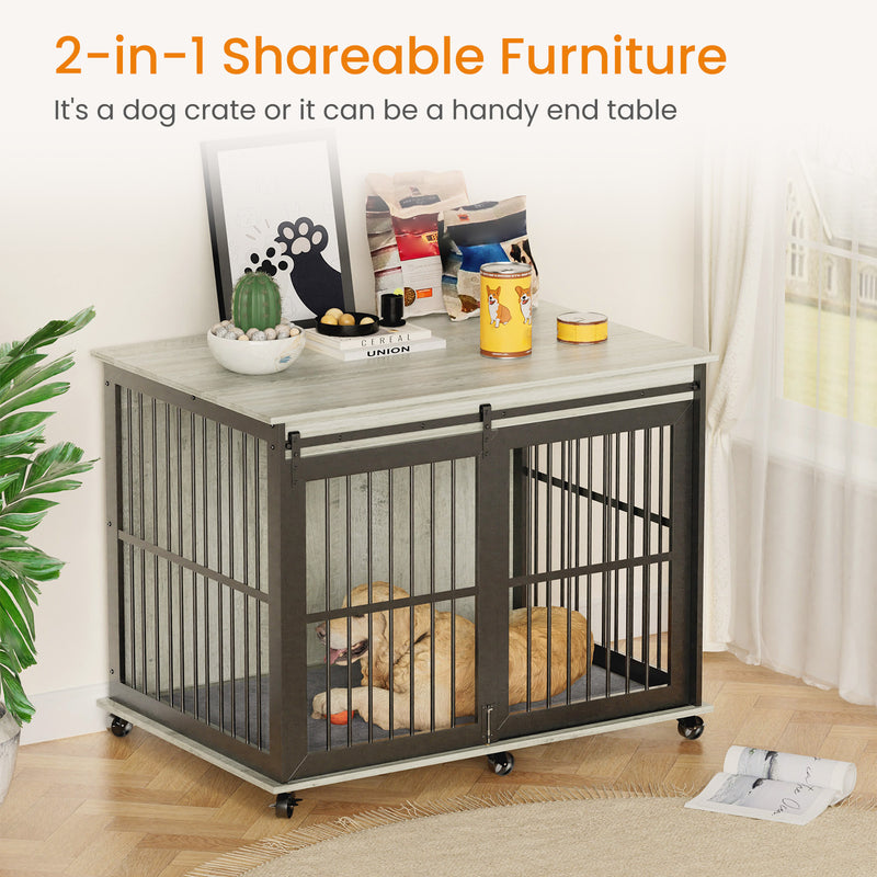 Furniture dog crate sliding iron door dog crate with mat. (Rustic Brown, Grey, 43.7''W x 30''D x 33.7''H)