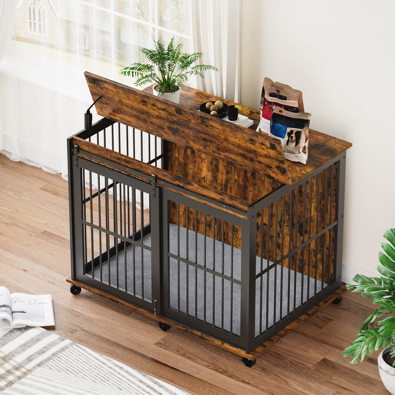 Furniture dog crate sliding iron door dog crate with mat. (Rustic Brown, Grey, 43.7''W x 30''D x 33.7''H)