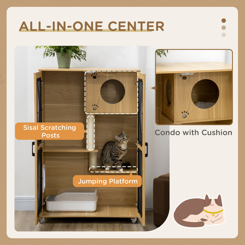 Luxury Cat House with Wheels,  Kitty Cage Catio Villa for Indoor Cats with Scratching Posts, Condo, Flap Door, Cushion, Oak, 31.5" x 20" x 48.5"