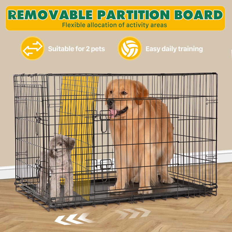 Dog Crate with Divider Panel,Double Door Folding Metal Wire Dog Cage with Plastic Leak-Proof Pan Tray, Pet Kennel for Indoor