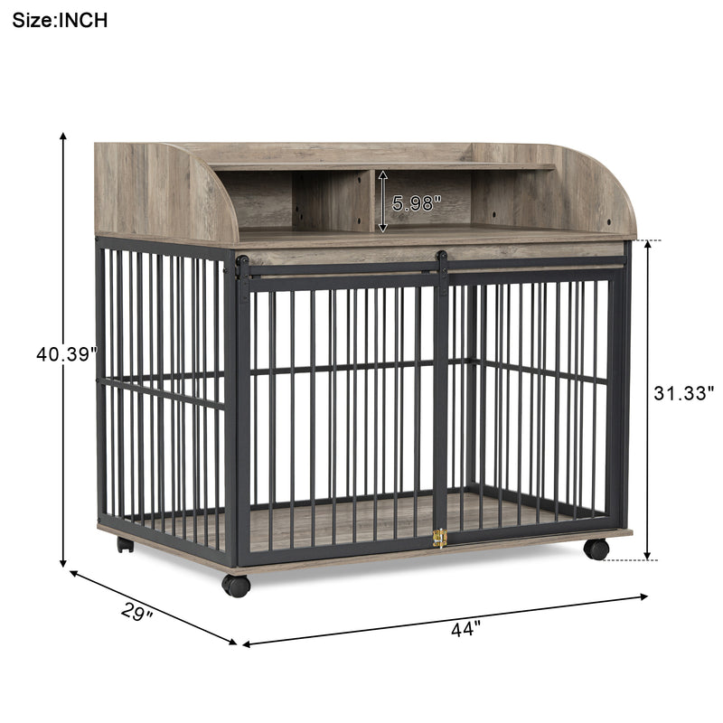 Heavy Duty Dog Crate Furniture for Medium Dog with Lockable Wheels, Wooden Dog Crate Dog Kennel, End Table Crate with Double layer storage, Grey, Brown