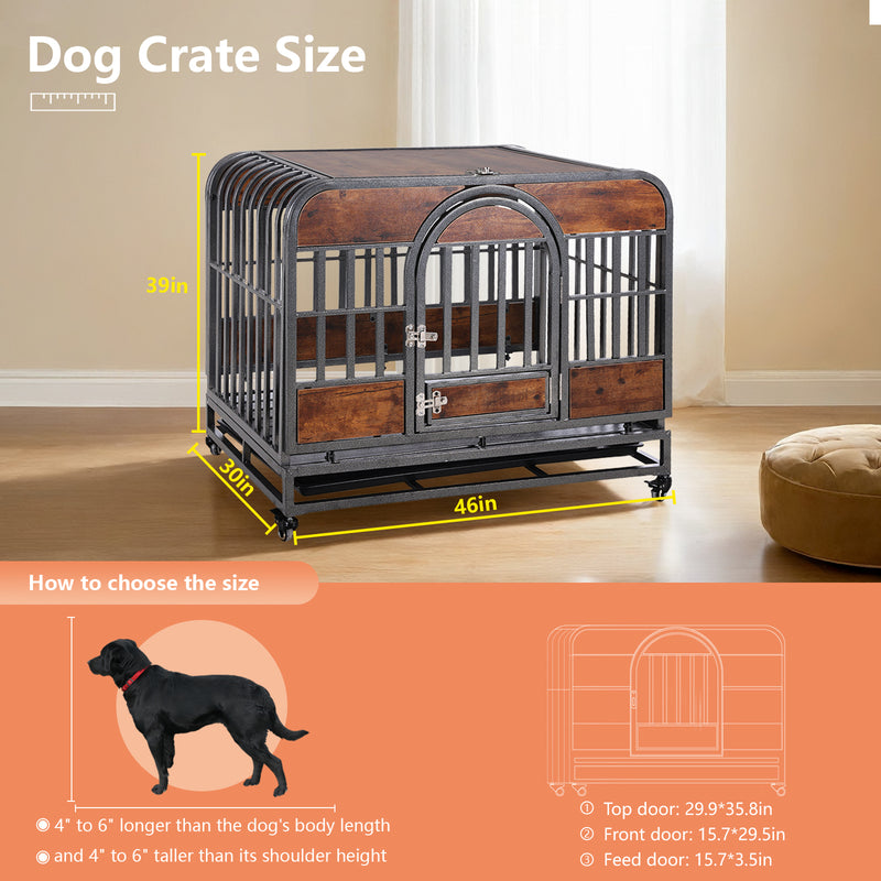 46in Heavy Duty Dog Crate, Furniture Style Dog Crate with Removable Trays and Wheels for High Anxiety Dogs