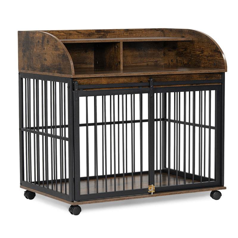 Heavy Duty Dog Crate Furniture for Medium Dog with Lockable Wheels, Wooden Dog Crate Dog Kennel, End Table Crate with Double layer storage, Grey, Brown