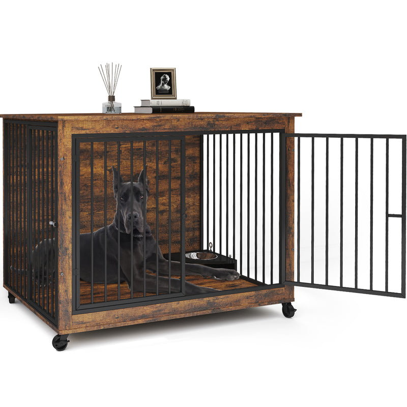 44inch Brown Furniture Dog Crate for Large Dogs with 180° Rotatable Bowl, Multi-Functional Dog Crate End Table with Wheels Flip-up Top Opening