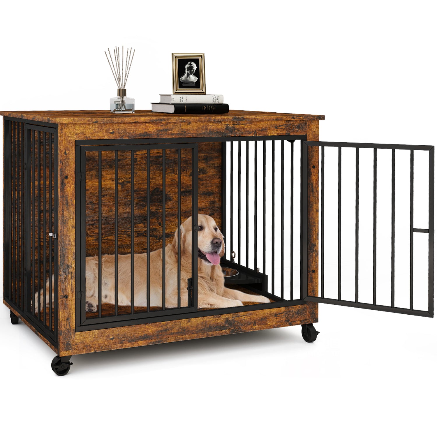 39inch Brown Furniture Dog Crate for Large Dogs with 180° Rotatable Bowl, Multi-Functional Dog Crate End Table with Wheels Flip-up Top Opening