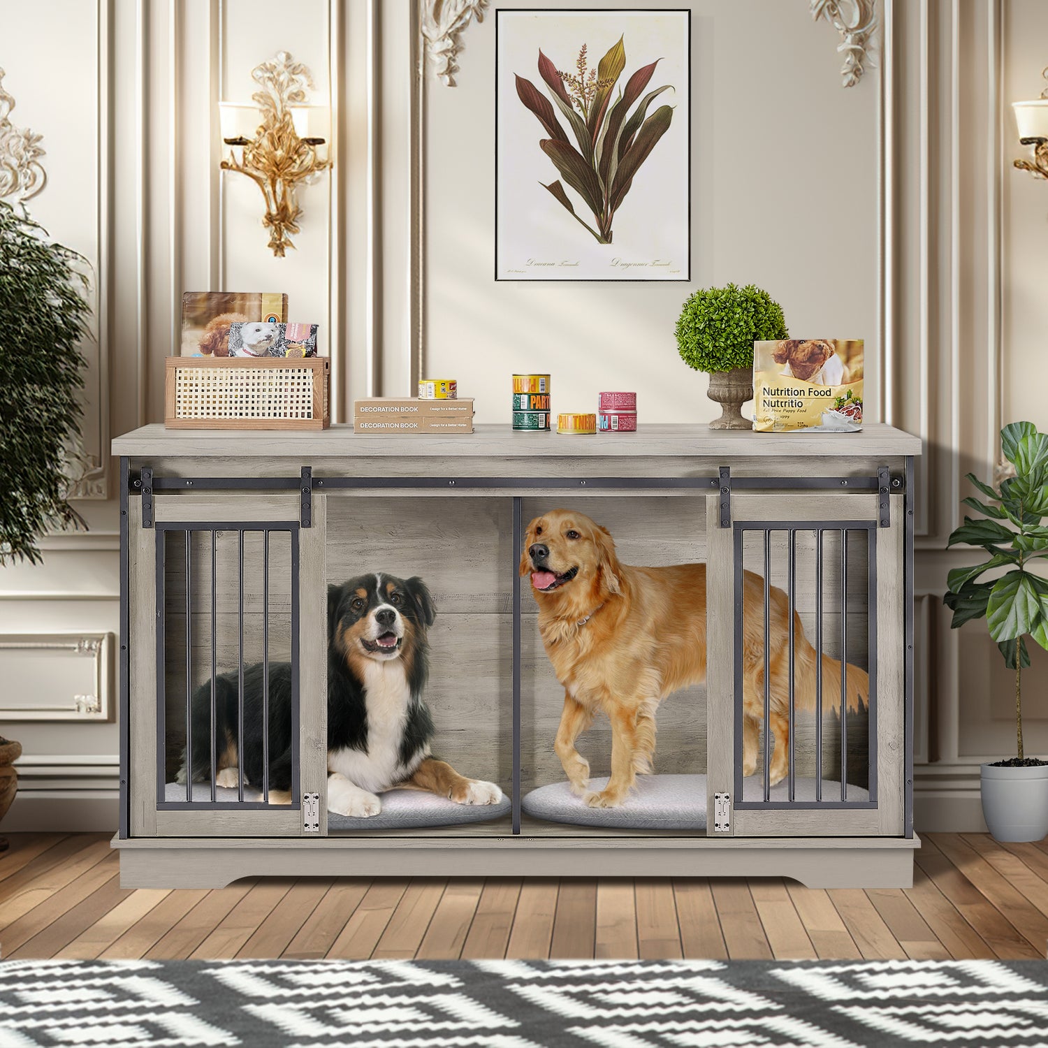 Grey 60.6 Inch 2-in-1 Two Dog Crate Double Dog Crate Furniture with Divider Sturdy Dog Kennel TV Stand with 2 Sliding Doors and Thick Iron Door Frame for 2 Dogs