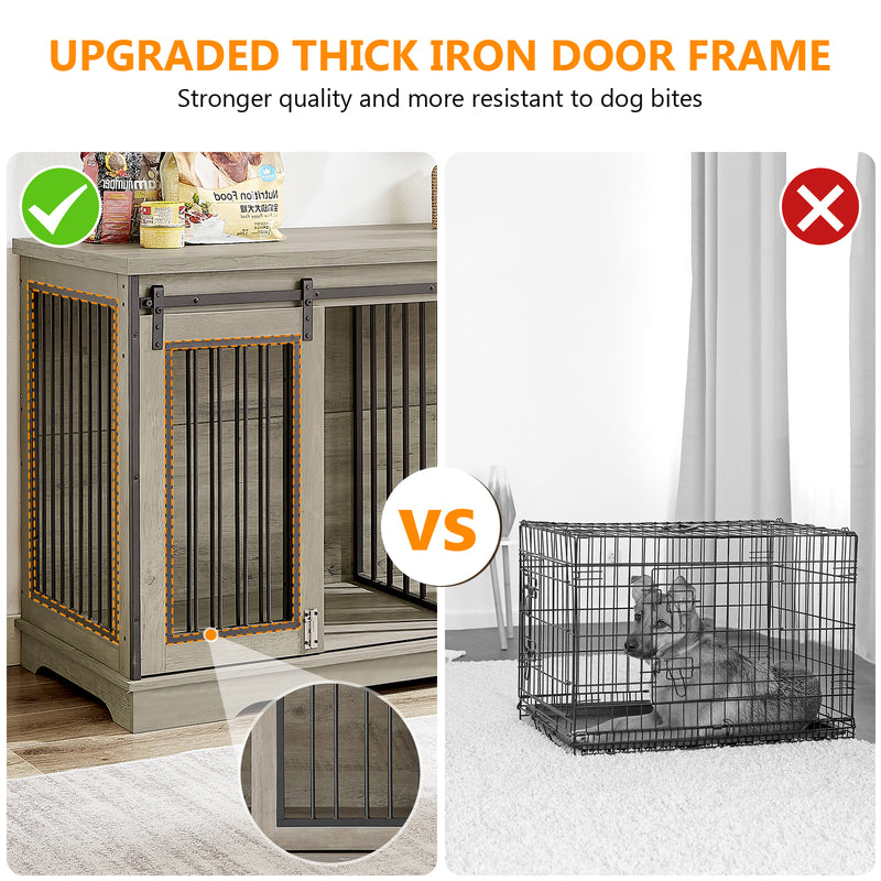 Grey 60.6 Inch 2-in-1 Two Dog Crate Double Dog Crate Furniture with Divider Sturdy Dog Kennel TV Stand with 2 Sliding Doors and Thick Iron Door Frame for 2 Dogs