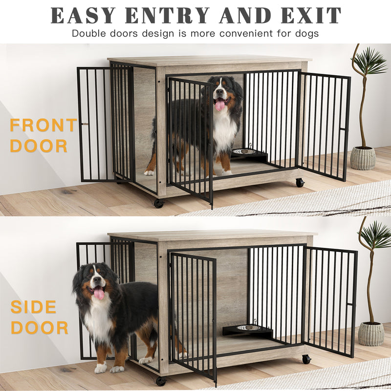 44inch Grey Furniture Dog Crate for Large Dogs with 180° Rotatable Bowl, Multi-Functional Dog Crate End Table with Wheels Flip-up Top Opening