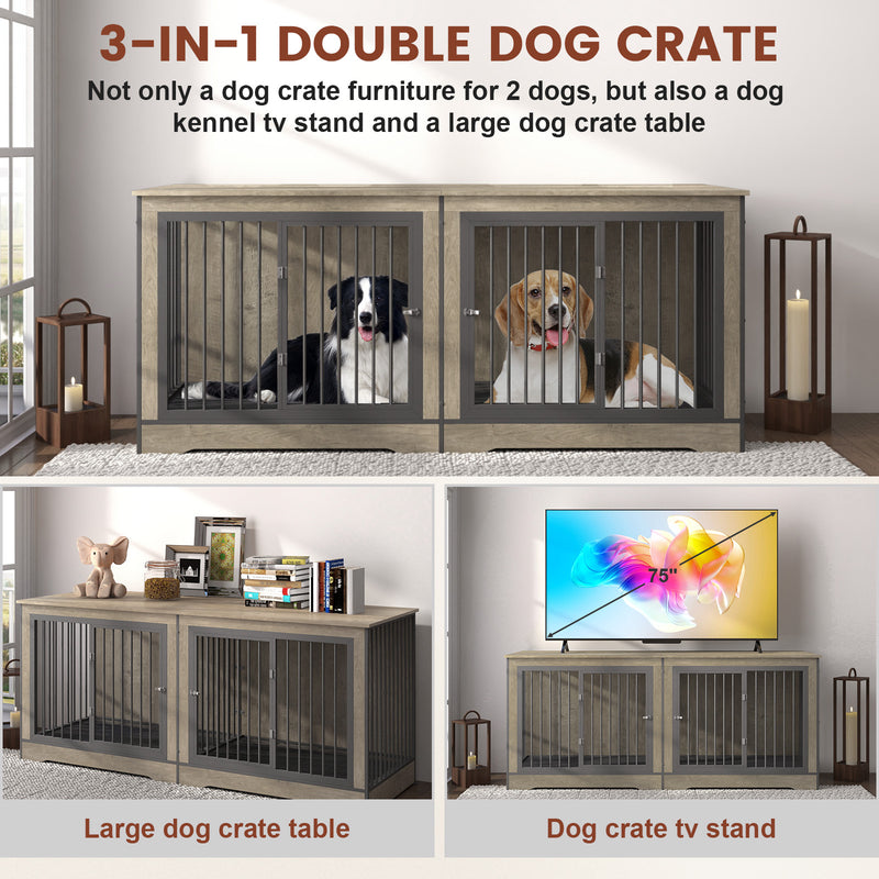 75 Inch Large Double Dog Crate Furniture for 2 Dogs Durable  3-in-1 Dog Crate TV Stand with Trays and Divider, Dog Kennel Indoor