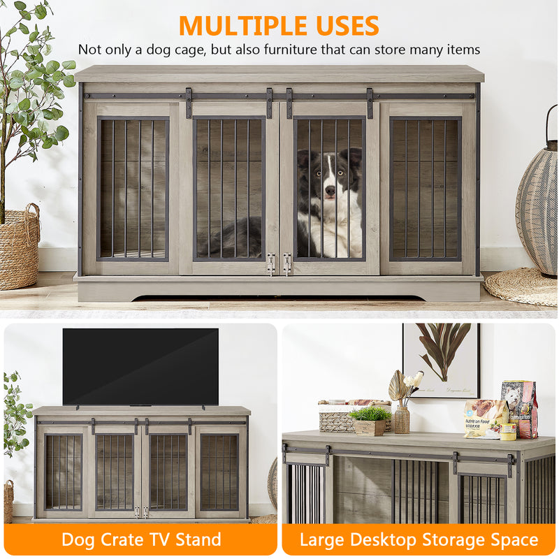 Grey 60.6 Inch 2-in-1 Two Dog Crate Double Dog Crate Furniture with Divider Sturdy Dog Kennel TV Stand with 2 Sliding Doors and Thick Iron Door Frame for 2 Dogs