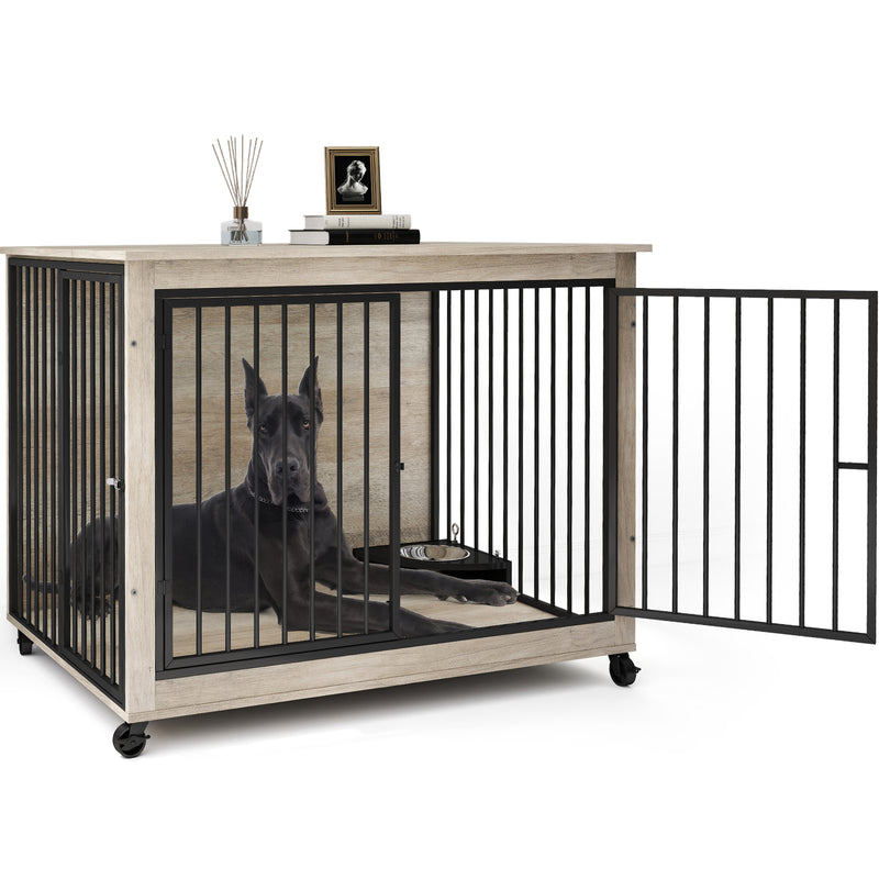 44inch Grey Furniture Dog Crate for Large Dogs with 180° Rotatable Bowl, Multi-Functional Dog Crate End Table with Wheels Flip-up Top Opening