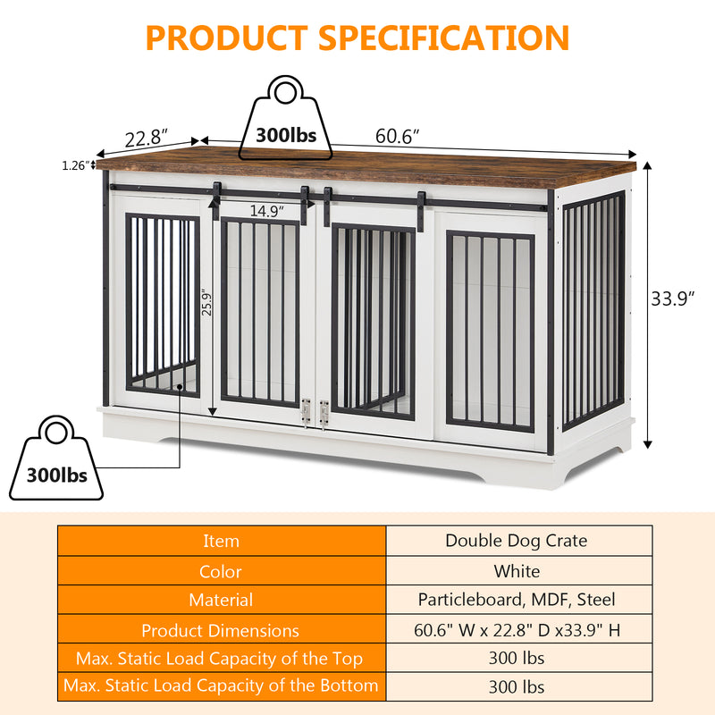 White  60.6 Inch 2-in-1 Two Dog Crate Double Dog Crate Furniture with Divider Sturdy Dog Kennel TV Stand with 2 Sliding Doors and Thick Iron Door Frame for 2 Dogs