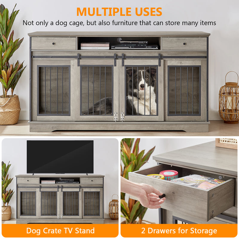 66 Inch Double Dog Crate Furniture with Storage, 3-in-1 Dog Crate TV Stand for 2 Dogs with Divider and 2 Drawers, Dog Kennel Indoor