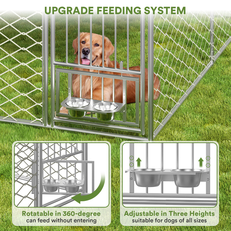 10x10 Dog Kennel Outdoor, Large Outdoor Dog Kennel with Roof, Dog Kennel Outside with Rotating Feeder Bowls, Covered Dog Outdoor Kennel for Large Medium Small Dogs