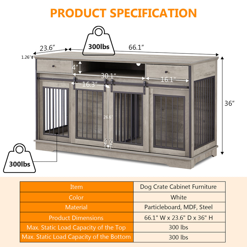 66 Inch Double Dog Crate Furniture with Storage, 3-in-1 Dog Crate TV Stand for 2 Dogs with Divider and 2 Drawers, Dog Kennel Indoor