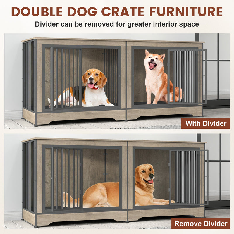 75 Inch Large Double Dog Crate Furniture for 2 Dogs Durable  3-in-1 Dog Crate TV Stand with Trays and Divider, Dog Kennel Indoor