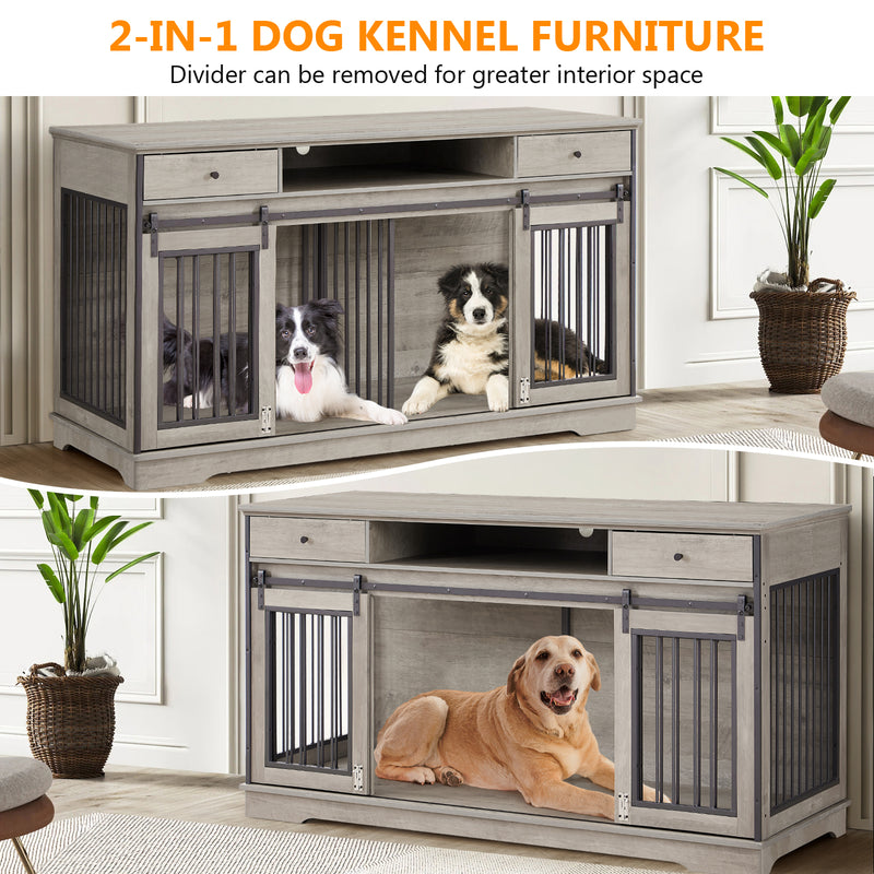 66 Inch Double Dog Crate Furniture with Storage, 3-in-1 Dog Crate TV Stand for 2 Dogs with Divider and 2 Drawers, Dog Kennel Indoor