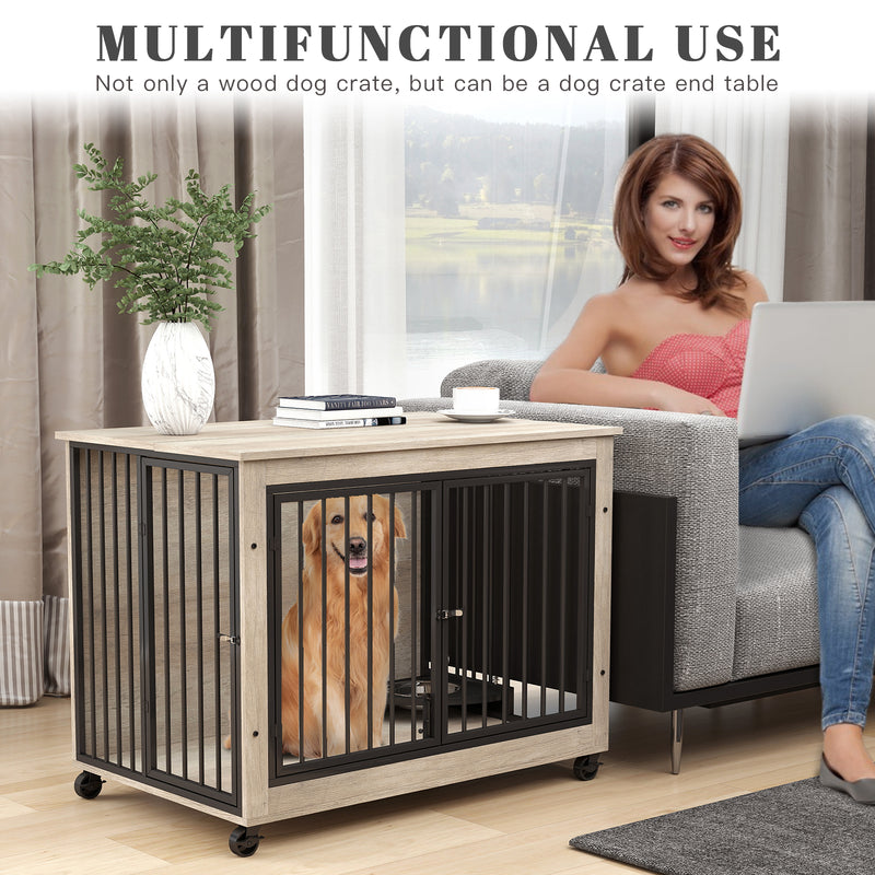 39inch Grey Furniture Dog Crate for Large Dogs with 180° Rotatable Bowl, Multi-Functional Dog Crate End Table with Wheels Flip-up Top Opening