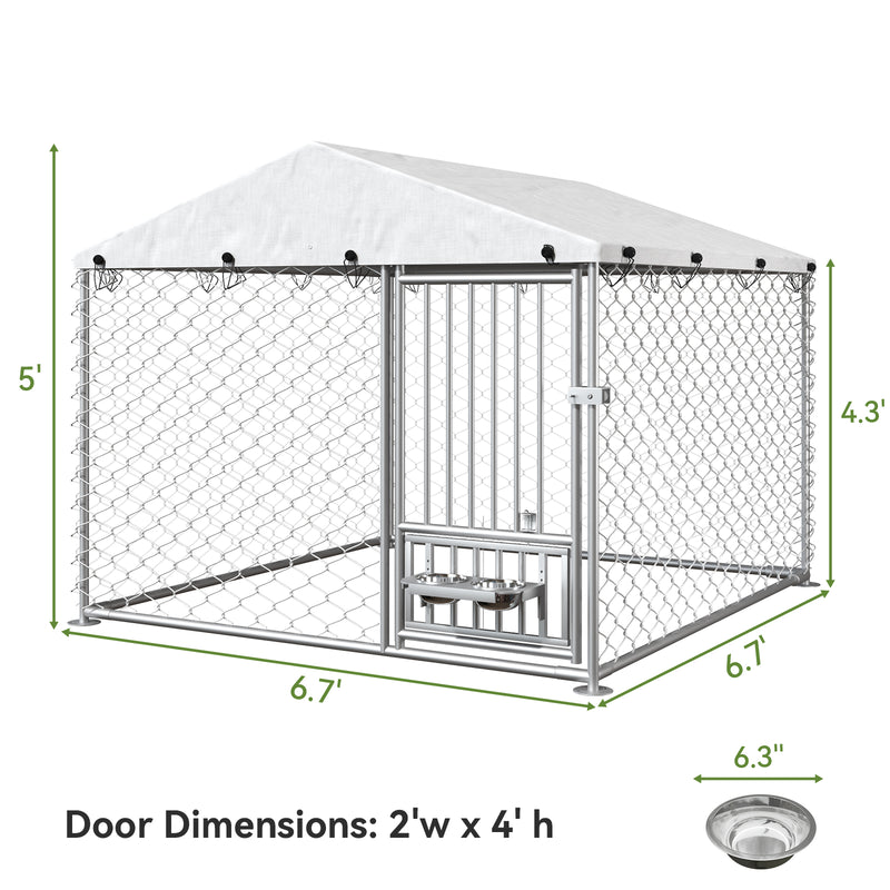 6.7' x 6.7' x 5' Outdoor Dog Kennel with Roof, Outside Dog Kennel with UV-Resistant & Waterproof Cover, Dog Kennel Outside with Rotating Feeding Bowls, Covered Outdoor Kennel for Dogs