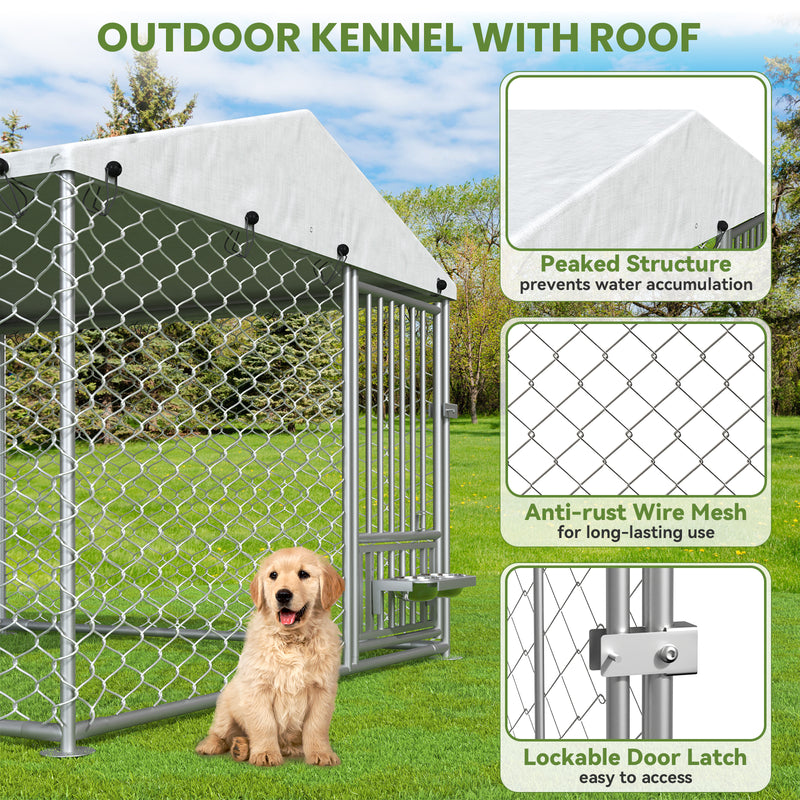 6.7' x 6.7' x 5' Outdoor Dog Kennel with Roof, Outside Dog Kennel with UV-Resistant & Waterproof Cover, Dog Kennel Outside with Rotating Feeding Bowls, Covered Outdoor Kennel for Dogs