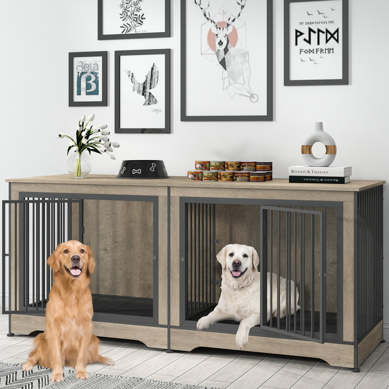 75 Inch Large Double Dog Crate Furniture for 2 Dogs Durable  3-in-1 Dog Crate TV Stand with Trays and Divider, Dog Kennel Indoor