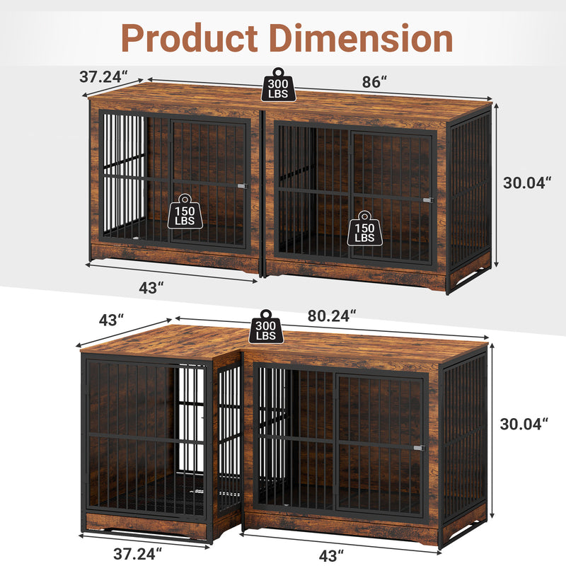 75 Inch Double Dog Crate Furniture with Divider, 4 Combination Forms Large Dog Kennel Furniture with Trays, Rustic Brown Corner Dog Kennel for Small Medium Large Dogs