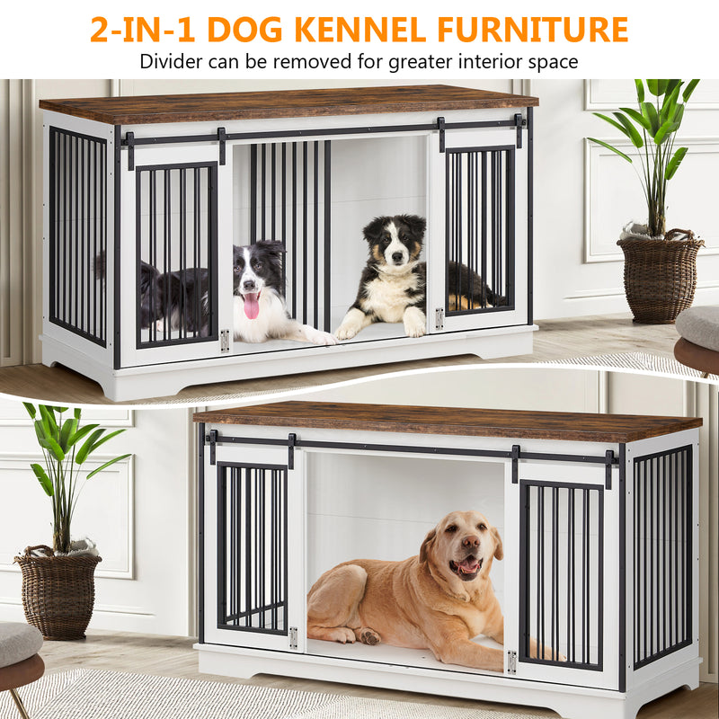 White  60.6 Inch 2-in-1 Two Dog Crate Double Dog Crate Furniture with Divider Sturdy Dog Kennel TV Stand with 2 Sliding Doors and Thick Iron Door Frame for 2 Dogs