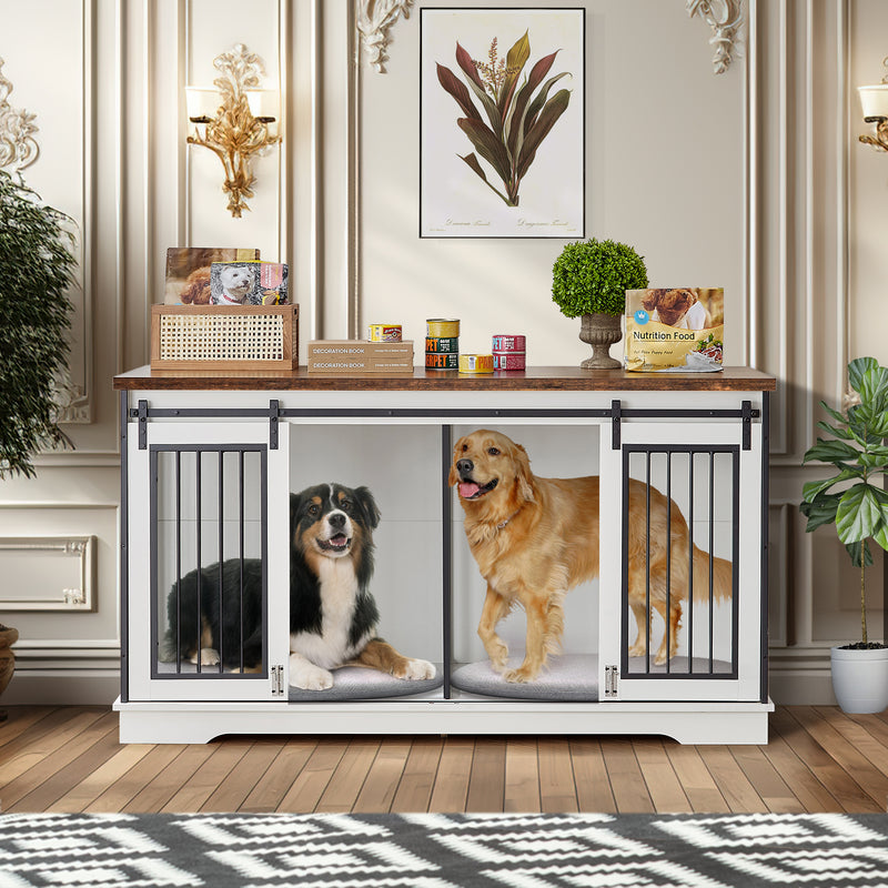 White  60.6 Inch 2-in-1 Two Dog Crate Double Dog Crate Furniture with Divider Sturdy Dog Kennel TV Stand with 2 Sliding Doors and Thick Iron Door Frame for 2 Dogs