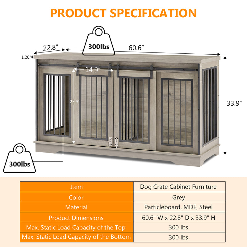 Grey 60.6 Inch 2-in-1 Two Dog Crate Double Dog Crate Furniture with Divider Sturdy Dog Kennel TV Stand with 2 Sliding Doors and Thick Iron Door Frame for 2 Dogs