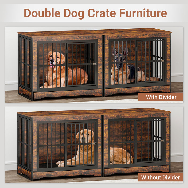 75 Inch Double Dog Crate Furniture with Divider, 4 Combination Forms Large Dog Kennel Furniture with Trays, Rustic Brown Corner Dog Kennel for Small Medium Large Dogs