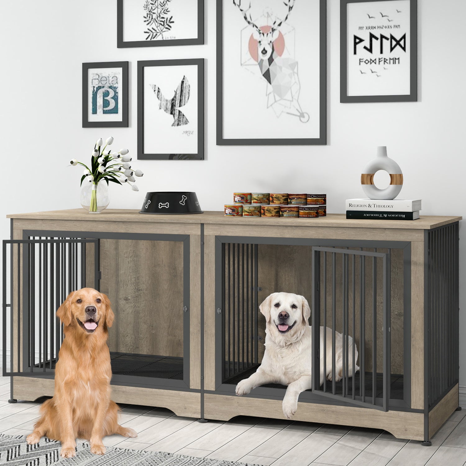 75 Inch Large Double Dog Crate Furniture for 2 Dogs Durable  3-in-1 Dog Crate TV Stand with Trays and Divider, Dog Kennel Indoor