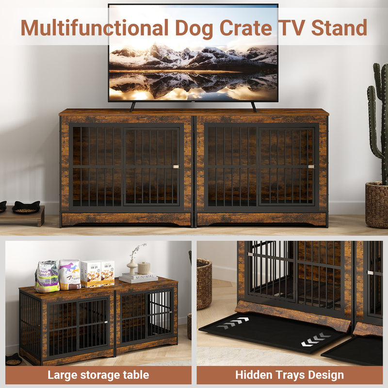 75 Inch Double Dog Crate Furniture with Divider, 4 Combination Forms Large Dog Kennel Furniture with Trays, Rustic Brown Corner Dog Kennel for Small Medium Large Dogs