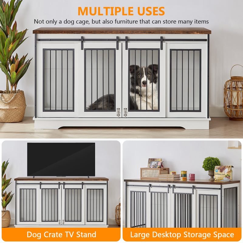 White  60.6 Inch 2-in-1 Two Dog Crate Double Dog Crate Furniture with Divider Sturdy Dog Kennel TV Stand with 2 Sliding Doors and Thick Iron Door Frame for 2 Dogs