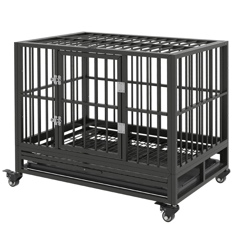 36" Heavy Duty Dog Crate Metal Cage Kennel with Lockable Wheels, Double Door and Removable Tray, Gray