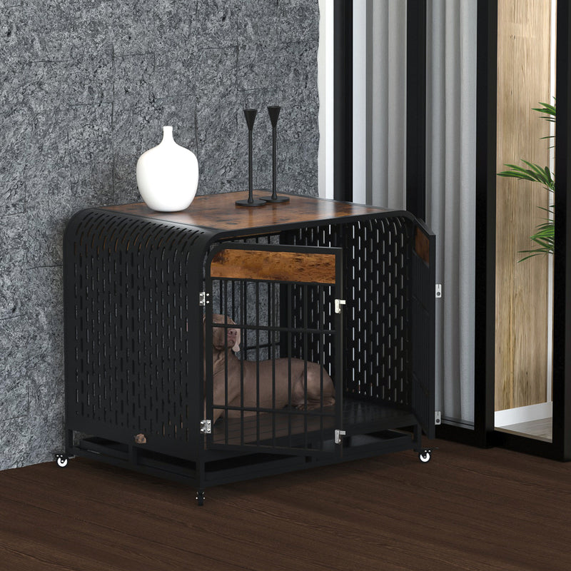 Heavy Duty Dog Crate Furniture Wooden Table Pet Dog Cage Kennel House Indoor Side End Table Decor with Removable Trays and Lockable Wheels for Medium and Large Dogs