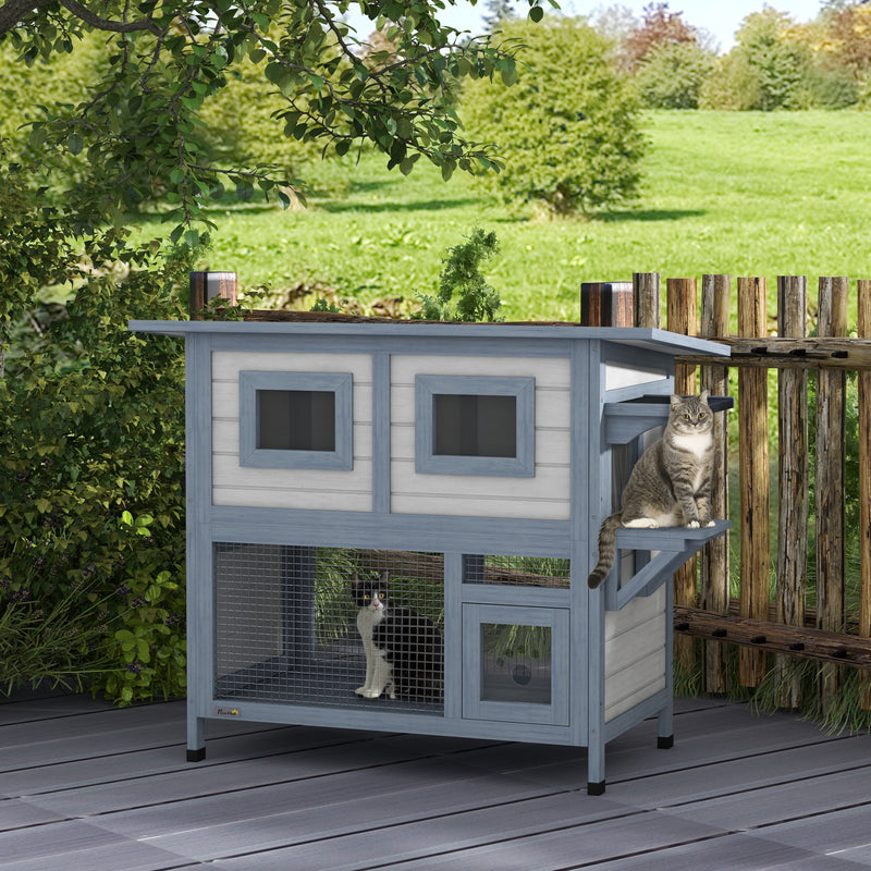 Outdoor Cat House, 2 Tier Weatherproof Feral Cat Shelter with Escape Door, Asphalt Roof, Jump Platform, Large Wooden Cat House for Outside, Backyard, Light Gray