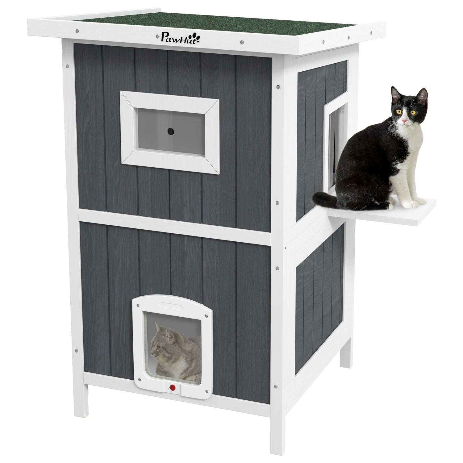 Outdoor Cat House, Wooden Cat House 2 Tiers Cat Shelter with Weatherproof Roof, Removable Floor, Escape Doors, for 1-2 Cats, Gray