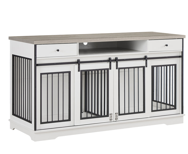 Super large TV cabinet dog crate dog cage with 2 drawers End table, dog cage can keep two dogs. White & Grey, 66.1'' W x 23.6'' D x 36'' H.