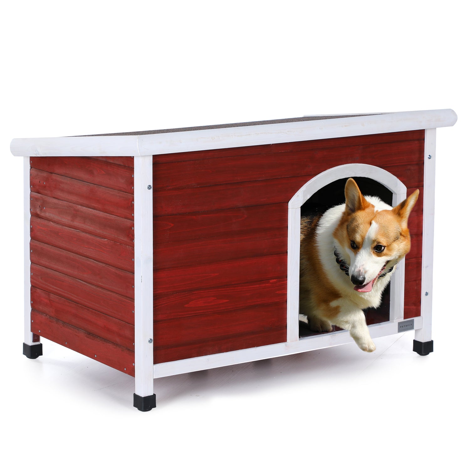 Medium Wooden Outdoor Dog House, Waterproof Roof, Elevated Floor, Adjustable Plastic Feet, Red, Grey, Yellow