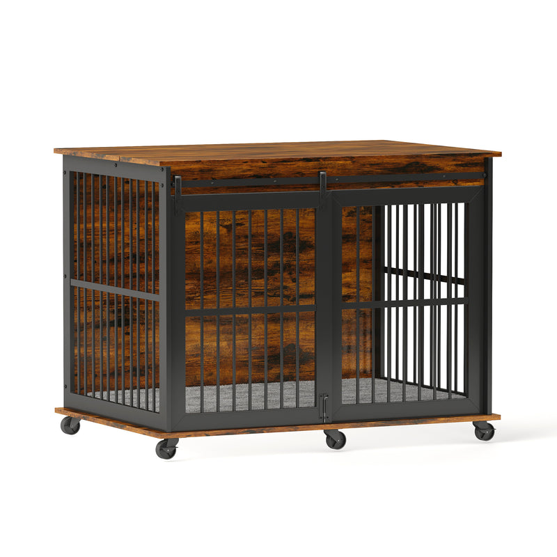 Furniture dog crate sliding iron door dog crate with mat. (Rustic Brown, Grey, 43.7''W x 30''D x 33.7''H)