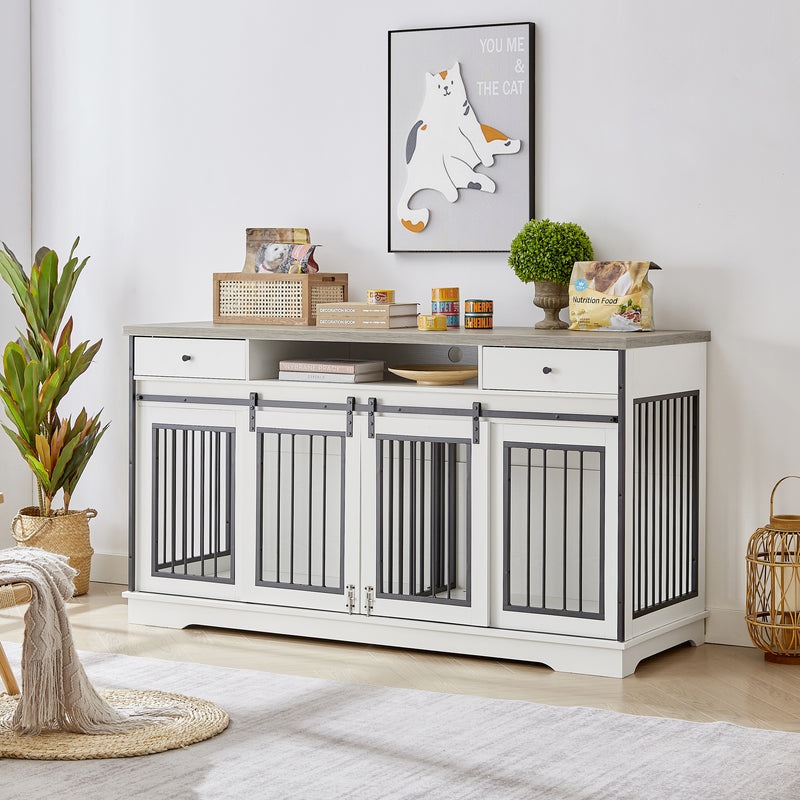 Super large TV cabinet dog crate dog cage with 2 drawers End table, dog cage can keep two dogs. White & Grey, 66.1'' W x 23.6'' D x 36'' H.