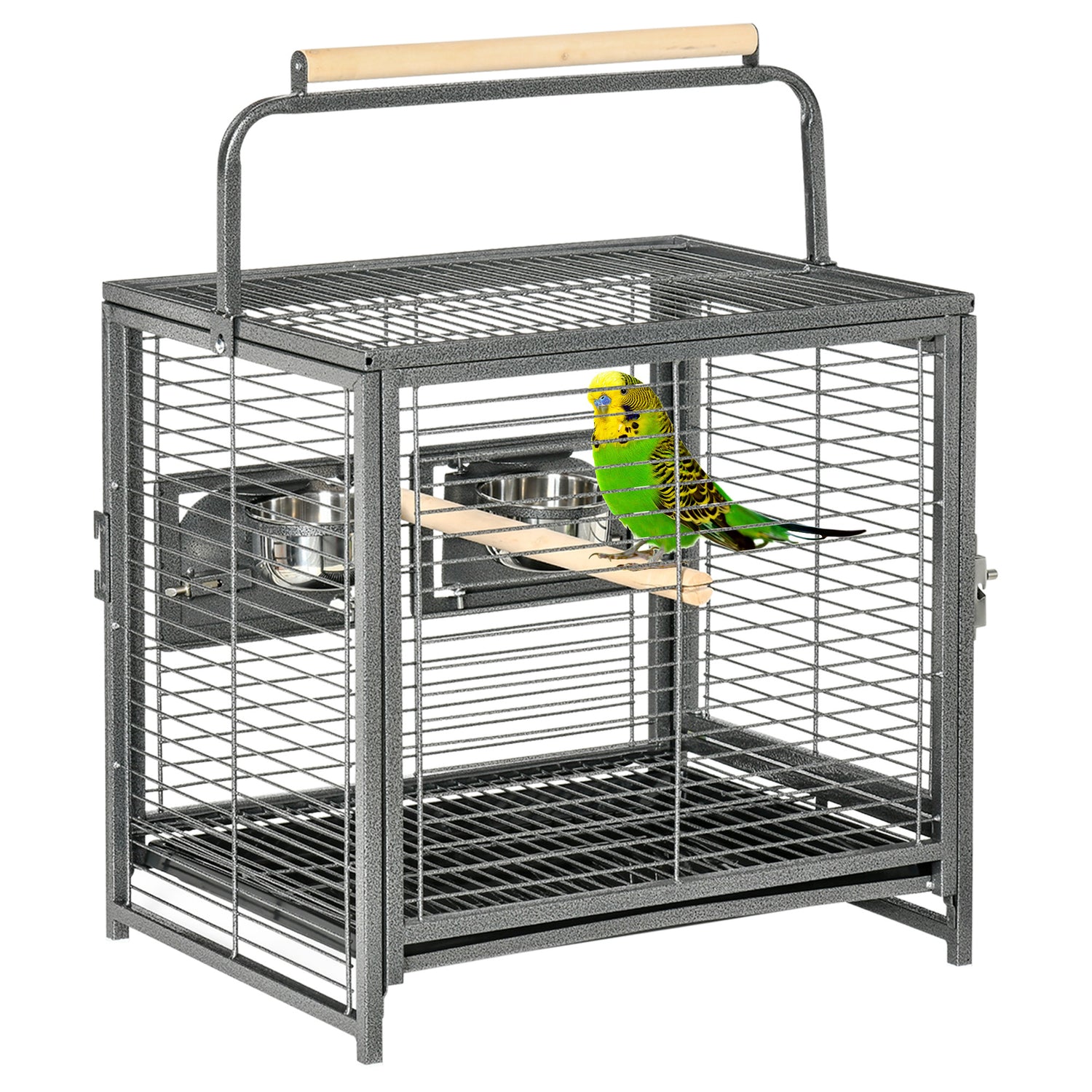 19" Travel Bird Cage Parrot Carrier with Handle Wooden Perch for Cockatiels, Black