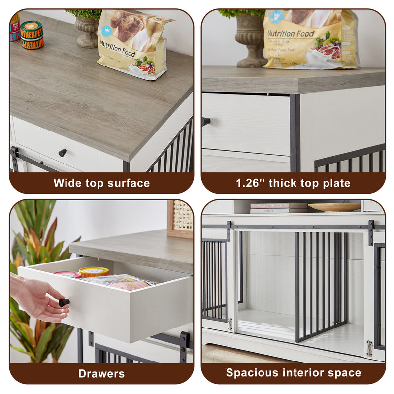 Super large TV cabinet dog crate dog cage with 2 drawers End table, dog cage can keep two dogs. White & Grey, 66.1'' W x 23.6'' D x 36'' H.