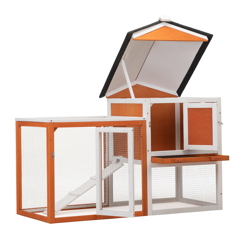 2-Story Wooden Rabbit Hutch Bunny Cage, Chicken Coop, Pet House for Small Animals, Orange + White