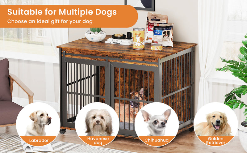 Furniture dog crate sliding iron door dog crate with mat. (Rustic Brown, Grey, 43.7''W x 30''D x 33.7''H)