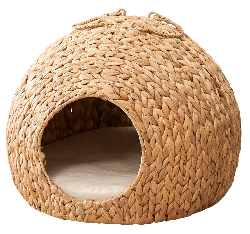 Water Hyacinth Woven Wicker Round Cat Bed Cave with Handles - 18" x 18" x 18" - For Any Size Cat Breeds, Chihuahua and Use with Cat Tower