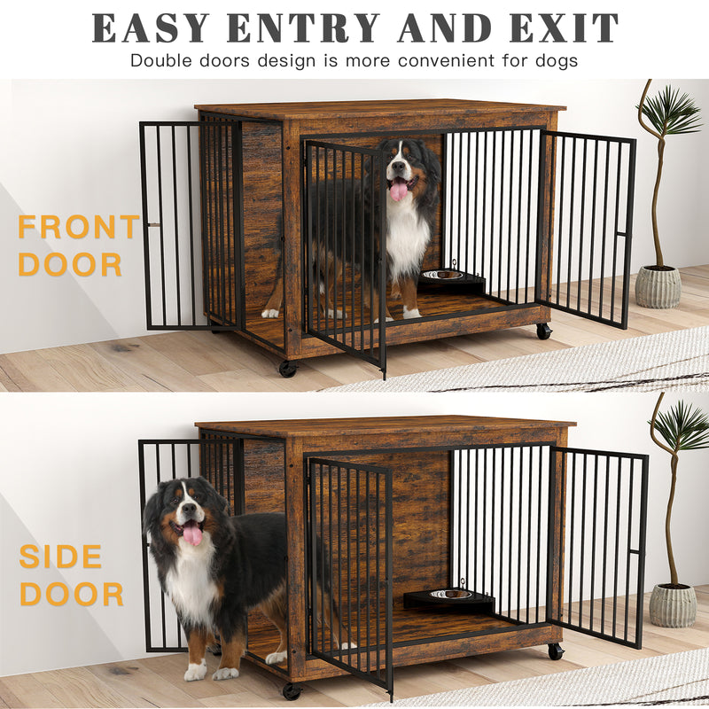 44inch Brown Furniture Dog Crate for Large Dogs with 180° Rotatable Bowl, Multi-Functional Dog Crate End Table with Wheels Flip-up Top Opening